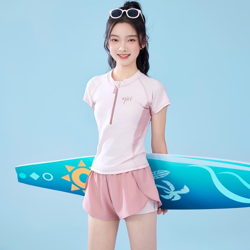 水着 キッズ 女の子 ジュニア タンキニ セパレート 半袖 胸パッド ジップアップ 短パン ショートパンツ 日焼け対策 海水浴 プール 温泉 競泳 サーフィン マリンスポーツ スイムウェア カジュアル シンプル 紫 ピンク