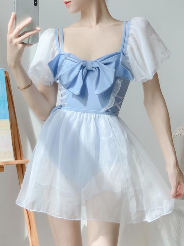 水着 かわいい レディース 大人 ワンピース 体型 二の腕 カバーアップ 半袖 胸パッド ノンワイヤー シースルー 透け感 リボン フリル スカート パフスリーブ 編上げ 日焼け対策 リゾート 海水浴 ビーチ 温泉 ガーリー カジュアル 青