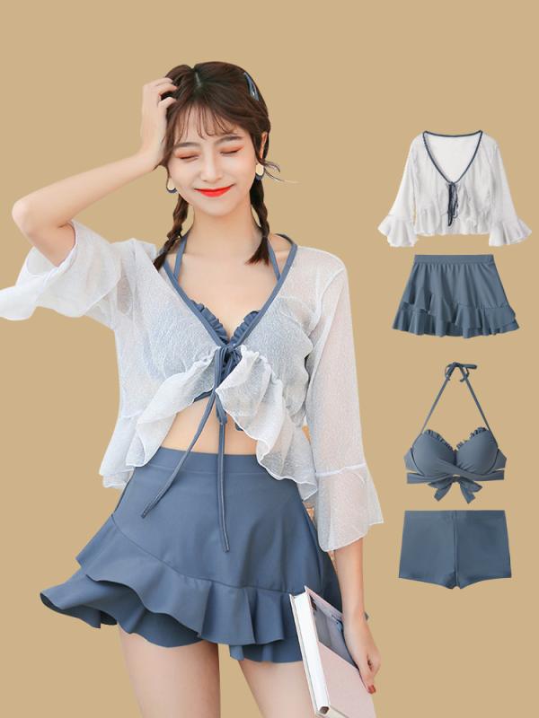 リボン付き水着｜水着 かわいい レディース 大人 ビキニ 体型 二の腕 カバーアップ 長袖 胸パッド ...