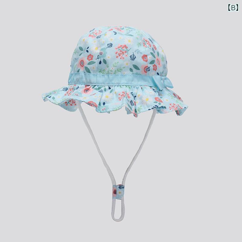 フロントップ楽天市場店のベビー 帽子 女の子 韓国 春秋 バケットハット あご紐 リボン つば広 日焼け防止 お出かけ 保育園 カントリー かわいい 花柄 いちご チェリー ベージュ 青 白 プレゼント 誕生日｜アングル3