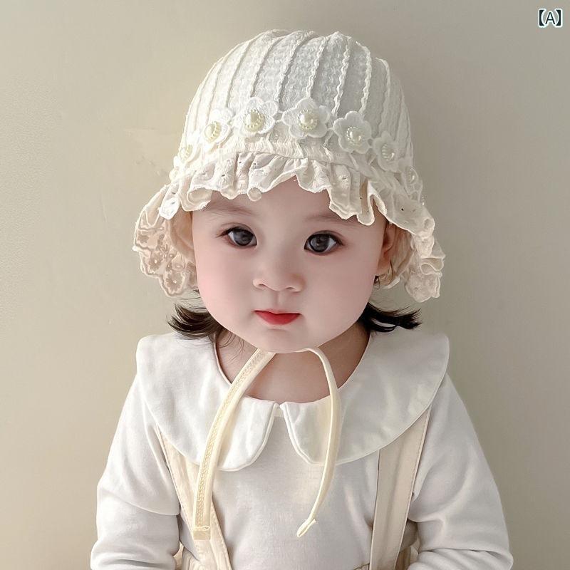 ベビー 帽子 女の子 新生児 春秋 ボンネット レース フリル あご紐 薄手 耳 保護 ...