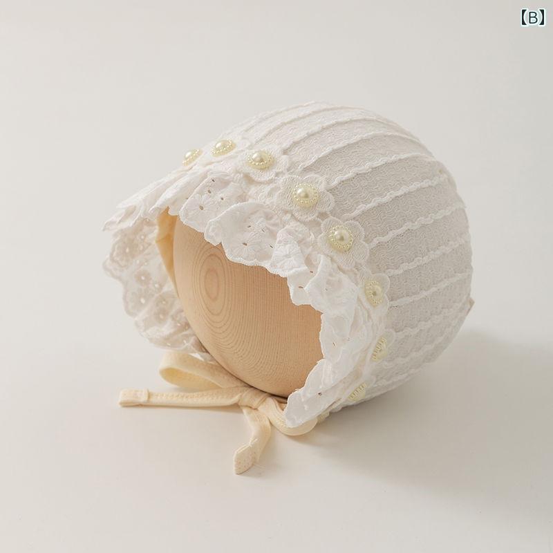 ベビー 帽子 女の子 新生児 春秋 ボンネット レース フリル あご紐 薄手 耳 保護 ...