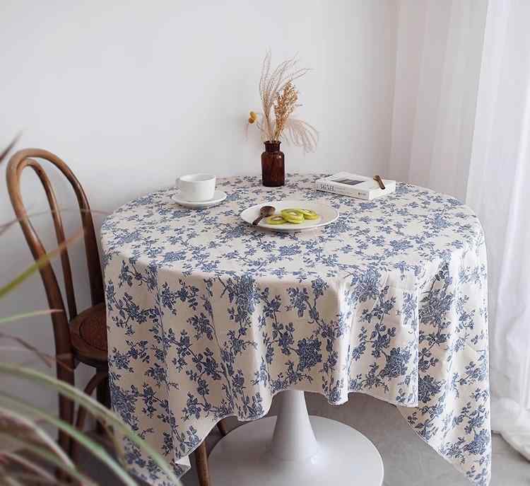 テーブルクロス 花柄 フレンチ レトロ ブルーローズ カントリー調 縁 ロック加工 切りっぱなし ダイニング ピクニックシート 撮影背景 デコレーション カバー布 おしゃれ