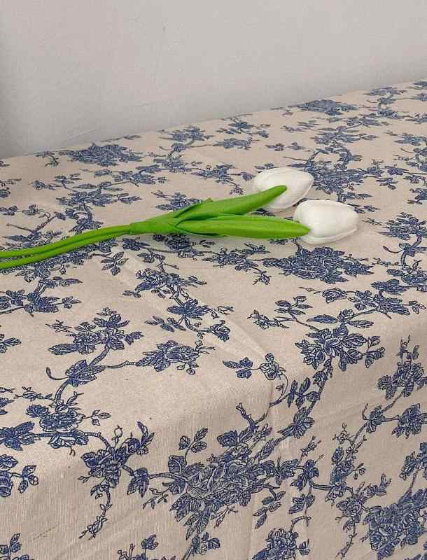 Linen, Hemp - テーブルクロス 花柄 バラ レトロ 青 コットンリネン スクエア 円形 ロックエッジ カバー布 ダイニング キャビネット デコレーション ピクニックシート おしゃれ