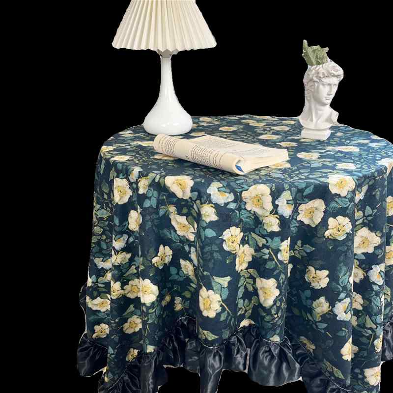 テーブルクロス 花柄 ローズ アメリカン カントリー調 ベロア スクエア カバー布 フリル 防塵 ダイニング 円卓 ピアノ おしゃれ 黒 ベージュ