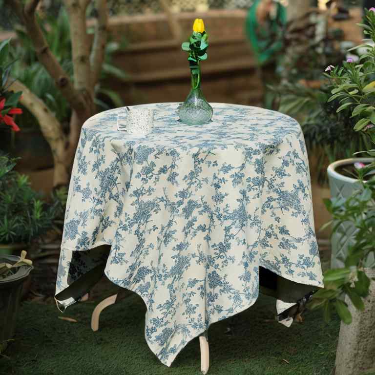 テーブルクロス 花柄 青 バラ フレンチ ヴィンテージ風 カントリー調 スクエア カバー布 タッセル コットンリネン ダイニング 円卓 庭園 シンプル おしゃれ