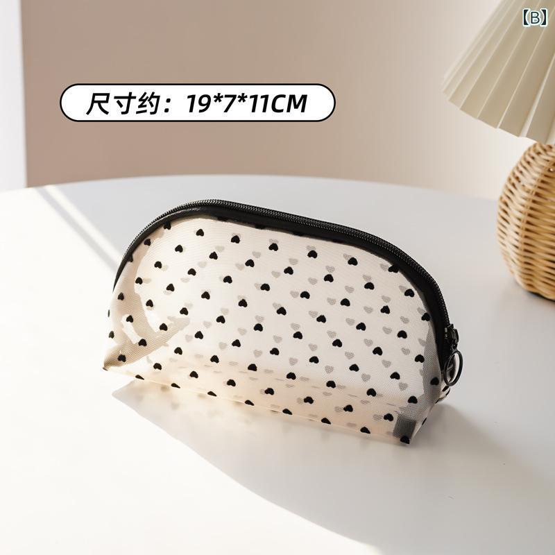 ファスナー メッシュバッグ レディース ハート かわいい 持ち運び 便利 小さめ 大容量 コスメ 収納 シンプル ナチュラル 韓国 旅行 スクエア 半円 ベージュ 黒