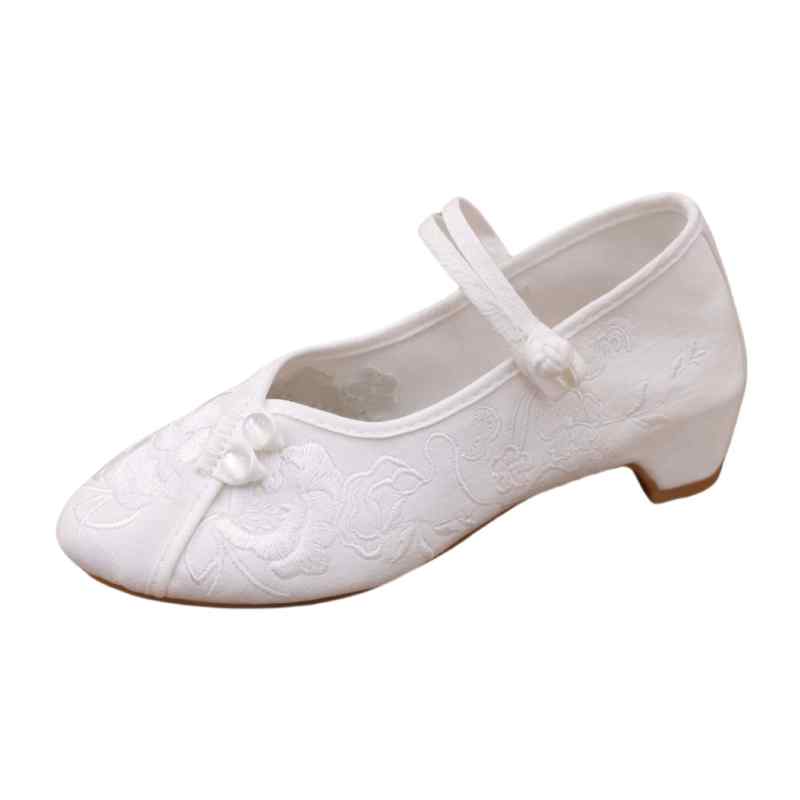 ローヒール パンプス レディース チャンキー 女性 おしゃれ ポインテッドトゥ 刺繍 花 夏 ストラップ ビーズ 装飾 チャイナ風 普段使い お出かけ カジュアル 快適 レトロ 漢服 白 ベージュ 緑