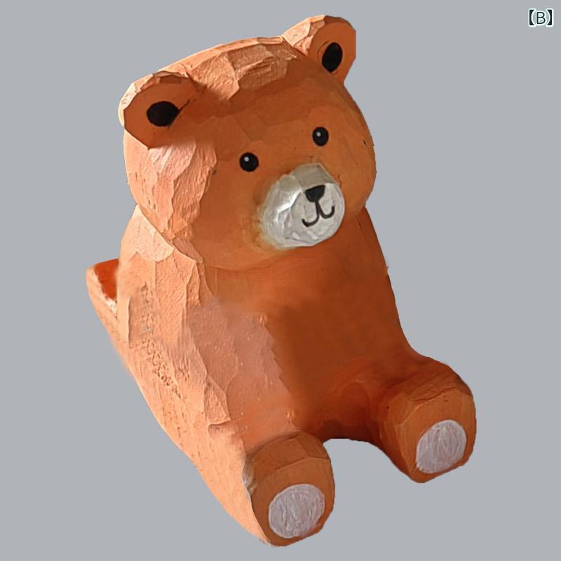 スマホスタンド 木製 卓上 かわいい インテリア リビング 無垢材 ホルダー クマ ぶた パンダ ライブ 視聴 ペン 木製彫り ギフト ピンク オレンジ