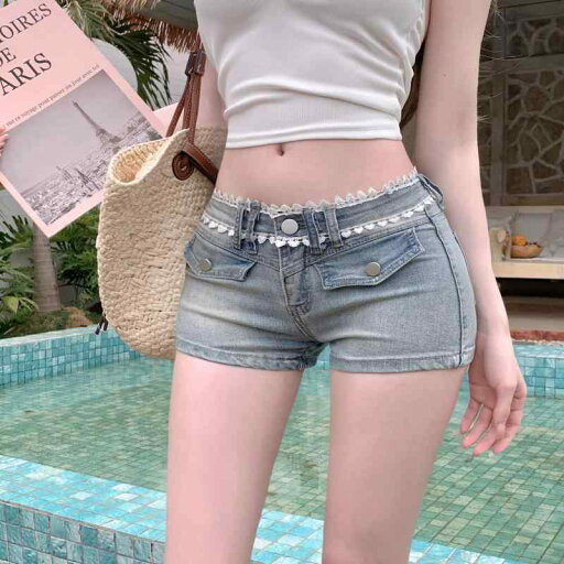 マイクロミニ ショートパンツ セクシー レース ローライズ デニム 夏 タイト フィット ストレッチ ヒップアップ マイクロミニ ショートパンツ セクシー レース ローライズ デニム 夏 タイト フィット ストレッチ ヒップアップ