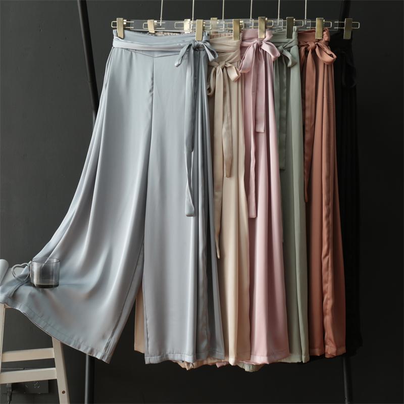 ワイドパンツ レディース おしゃれ サテン 光沢 ウエストリボン パールカラー シンプル 大きめ ゆったり ダンス 長ズボン