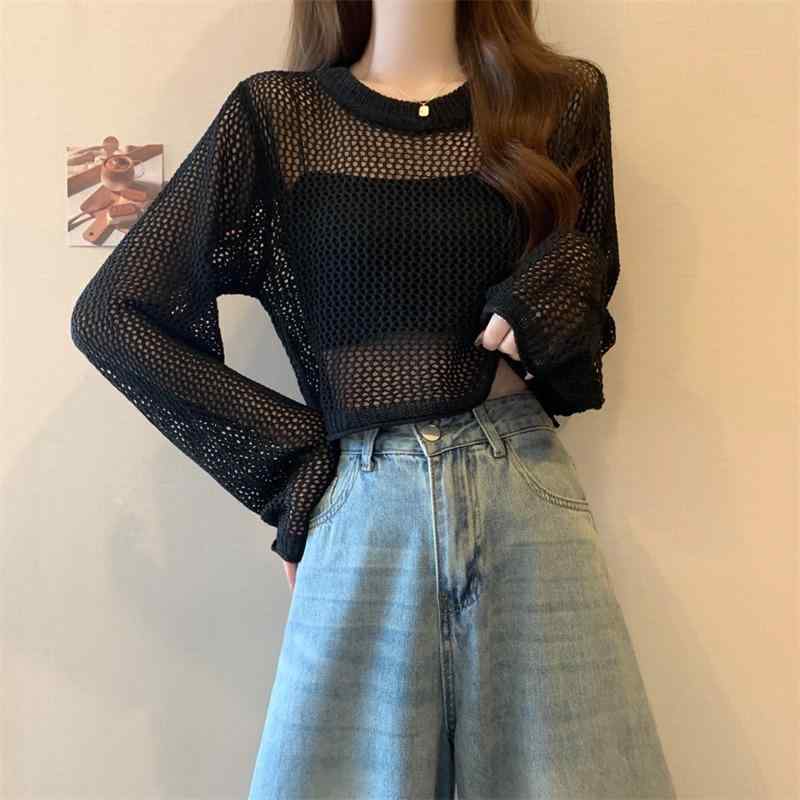 Long-Sleeved - 編み ニット 夏 トップス レディース 薄手 ネット クロップド丈 日焼け防止 長袖 ビーチ カジュアル 普段使い ゆったり ラウンドネック