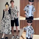 親子 ペアルック ワンピース シャツ パンツ リンク コーデ お揃い おしゃれ レディース メンズ キッズ 女の子 男の子 夏 大きいサイズ シフォン 半袖 ノースリーブ 薄手 ビーチ リゾート 旅行 家族 記念写真 撮影 カジュアル ボタニカル 白 黒