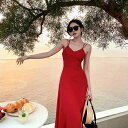 キャミワンピース 夏 レディース おしゃれ Aライン ロング丈 ジップアップ 女性用 背中開き バッククロス プルオーバー Vネック 写真 撮影 バックレス 背中開き 胸パッド 無地 シンプル 赤 黒