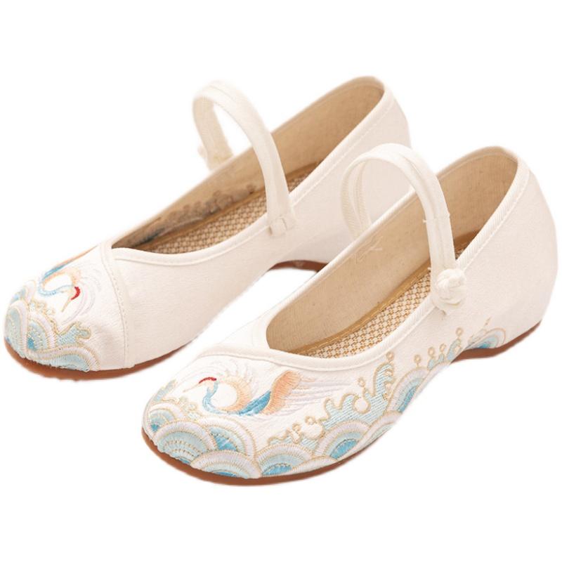 カンフーシューズ レディース チャイナ風 春秋 シルケット サテン 刺繍 ラウンドトゥ ローヒール ストラップ ダンス レトロ おしゃれ エレガント 花柄 白 青 赤