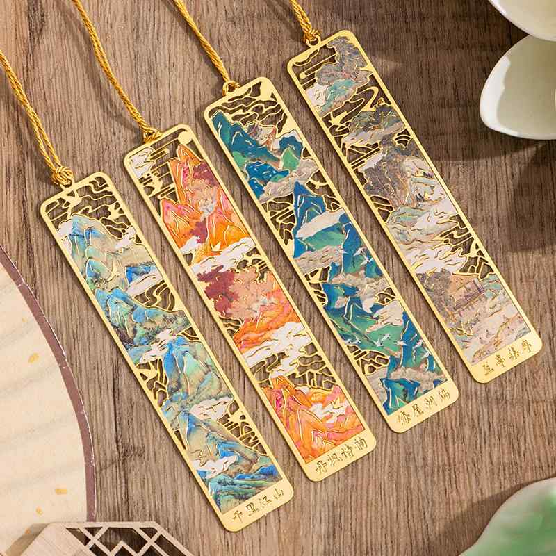 しおり 金属 おしゃれ ブックマーク チャイナ風 河 山 レトロ 文化 風景 お土産 卒業 記念 先生 小さめ スクエア お祝い ギフト 箱 セット タッセル