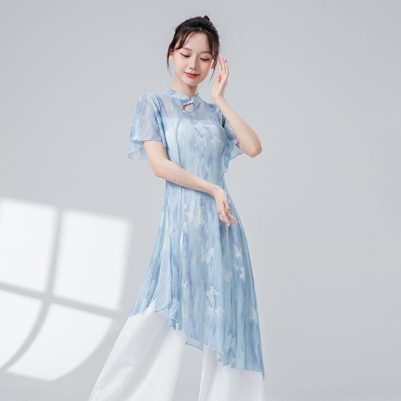 Rakuten - ワンピース レディース おしゃれ チャイナ風襟 中国風 レトロ 舞踊 半袖 スリット メッシュ チュール
