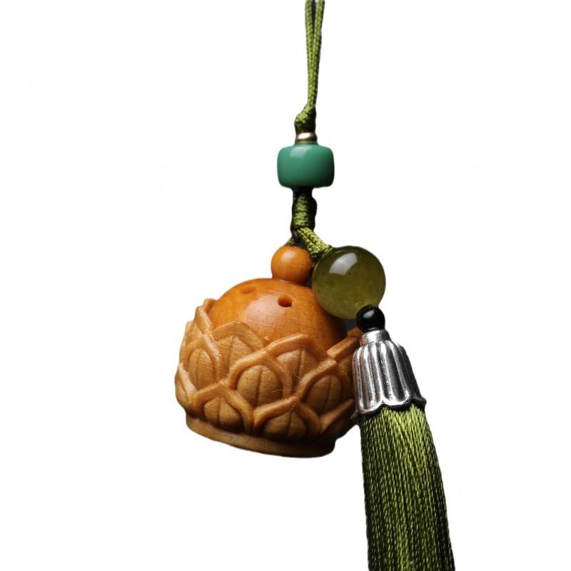 キーホルダー ストラップ ペンダント 携帯 バッグ 装飾品 お香 アロマ 緑檀 花梨木 彫刻 タッセル ストーン ビーズ 縁起物 風水 レトロ 蓮 樽型 瓢箪