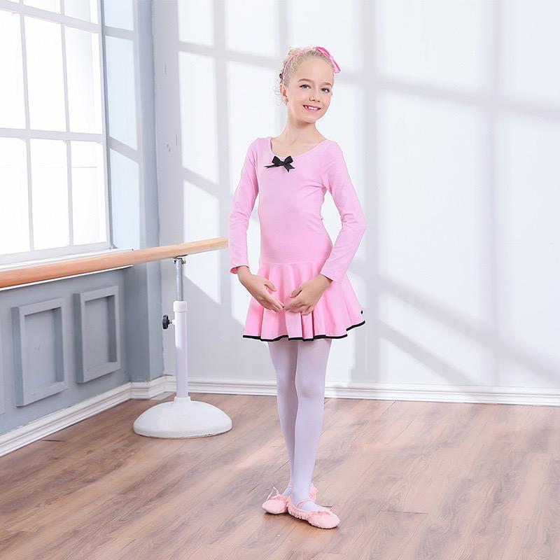 ワンピース 女の子 長袖 春夏 バレエ 練習 発表会 ダンス衣装 キッズ 無地 リボン 綿