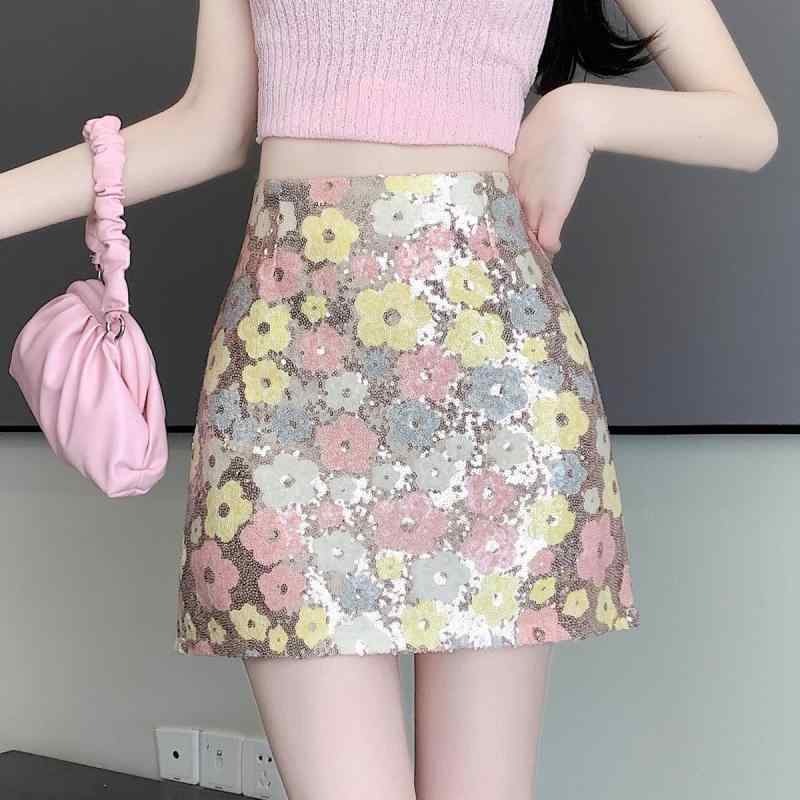 スカート レディース エレガント Aライン 花柄 きらきら ビジュー ラメ ショート丈 春夏 コーデ パーテ..