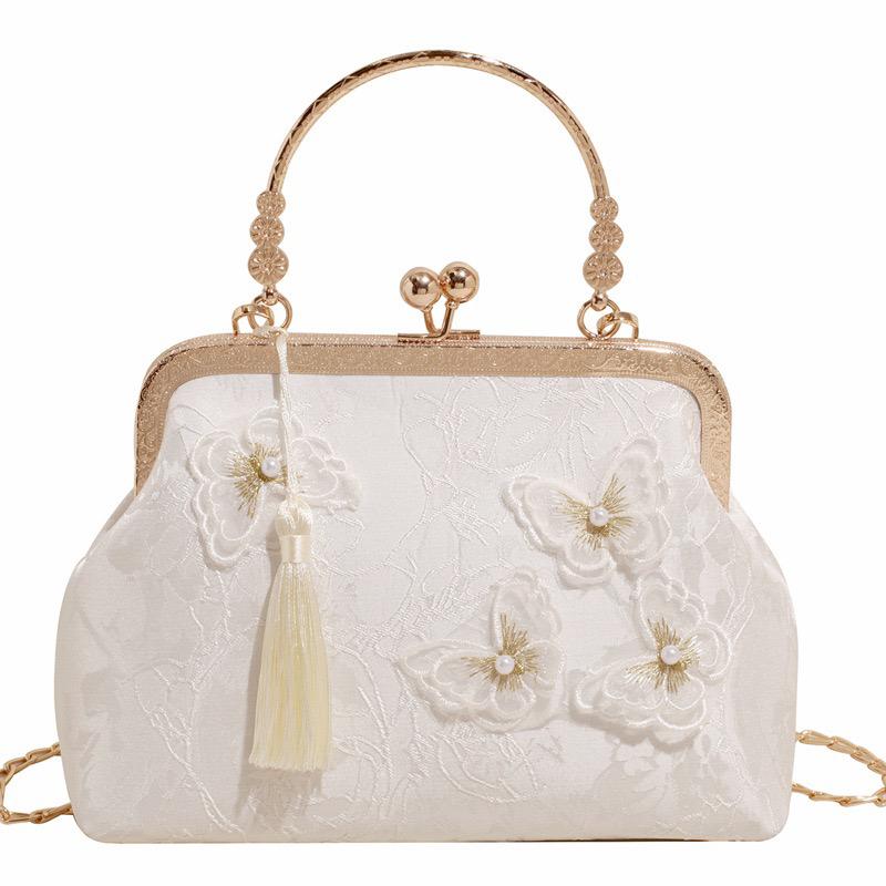 ハンドバッグ レディース フォーマル 中国風 ハンドメイド 立体 花飾り パール チェーン 口金 パーティー バッグ