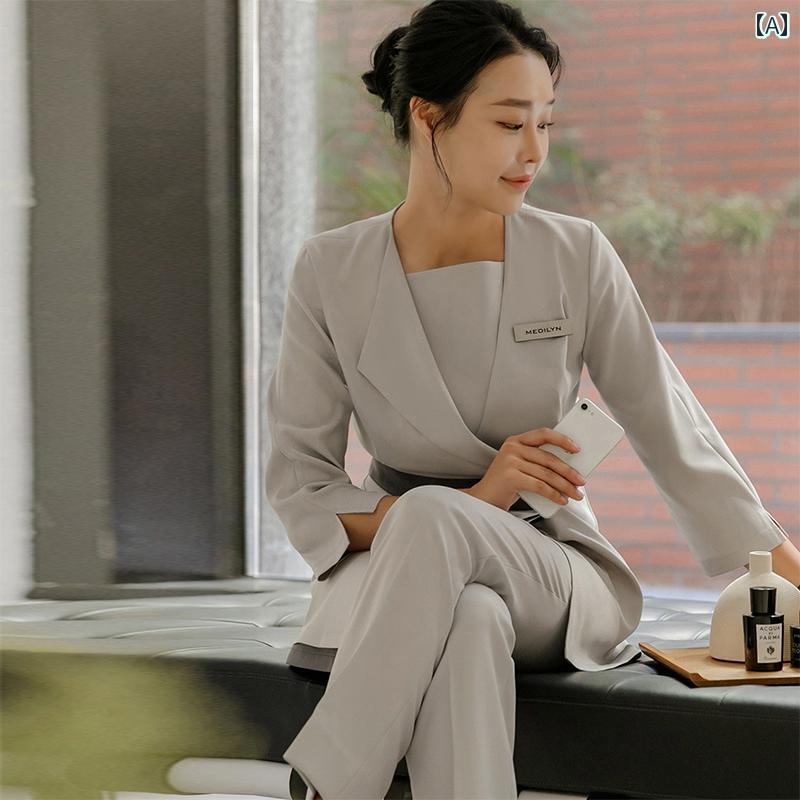 制服 レディース 春 セットアップ アシンメトリー 大きいサイズ 長袖 長ズボン エステ ネイル サロン リラクゼーション 受付 フロント ユニフォーム 作業服 シンプル エレガント 白 グレー