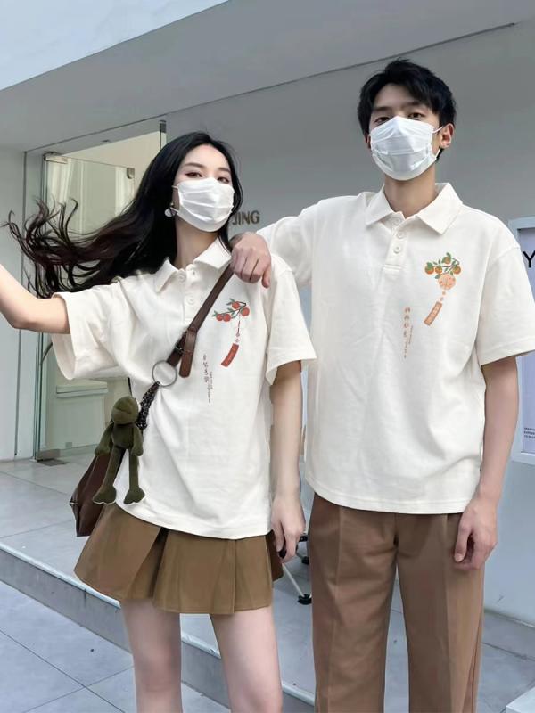カップル お揃い ポロシャツ おしゃれ 夏 半袖 レディース メンズ プルオーバー ボタン 襟 大きいサイズ 普段着 レジャー デート カジュアル プリント 英字 漢字 ハート 風鈴 果物 白 黒