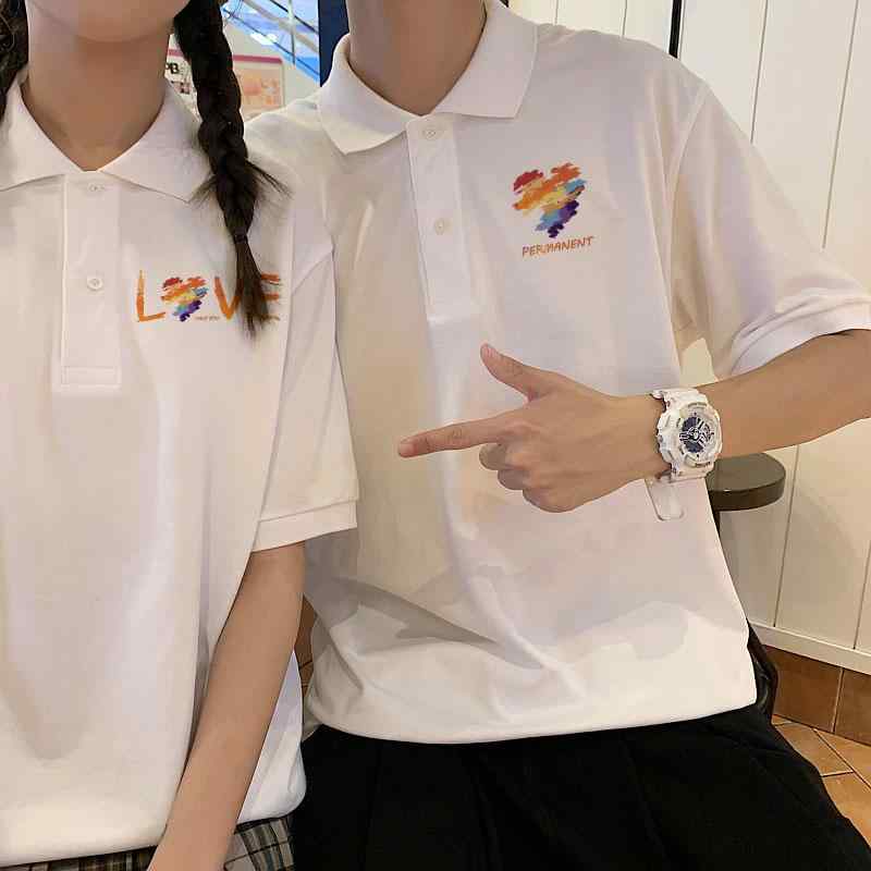 カップル お揃い ポロシャツ おしゃれ 夏 半袖 綿 大きいサイズ レディース メンズ プルオーバー ボタン 襟 普段着 レジャー デート カジュアル プリント ハート 漢字 英字 風鈴 果物 白 黒