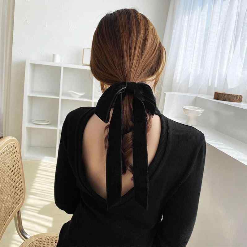 ヘアアクセサリー レディース フレンチレトロ ベルベット ロングリボン 蝶結び シュシュ ヘアゴム 高弾力 伸縮性 ブラック 普段使い オフィス