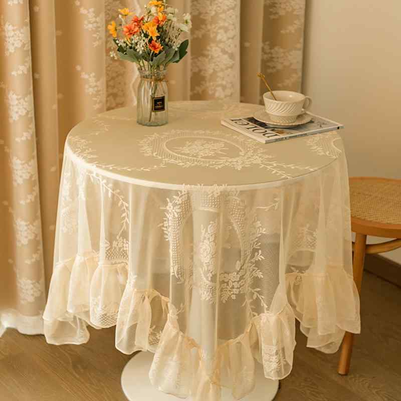 テーブルクロス おしゃれ フレンチ ロココ調 レトロ レース フリル 軽量 上品 コーヒー ダイニング サイド 普段使い パーティー 花柄 アイボリー 白 黄
