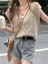 サマーニット ノースリーブ レディース ボヘミアン Vネック 夏 日焼け防止 トップス おしゃれ カジュアル 普段使い デート かぎ針編み レース アプリコット 白 黒