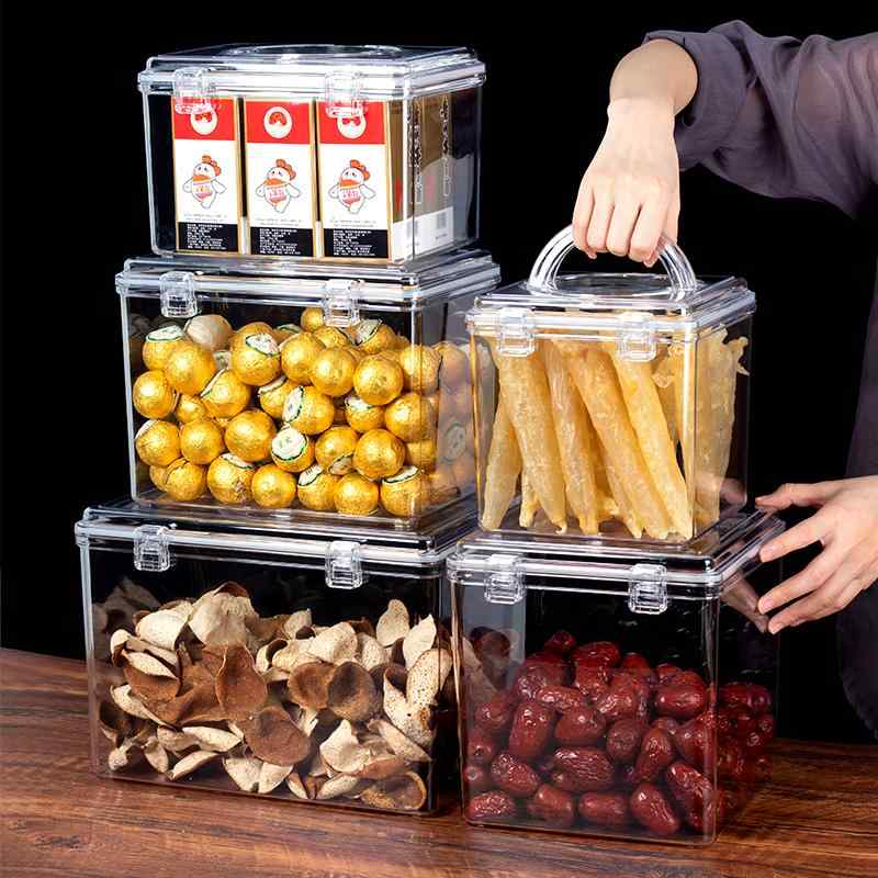 保存容器 密閉 プラスチック スクエア ふた 持ち手 バックル パッキン 割れにくい 防湿 防虫 食品 茶葉 ディスプレイ ボックス ポータブル 店舗 シンプル 無地 透明