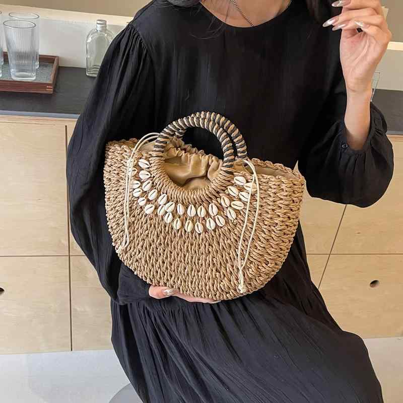 カゴ バッグ おしゃれ エスニック 貝殻 飾り ラタン 夏 ビーチ 旅行 大容量 ラウンド 手持ち ドロスト ポリエステル シンプル ナチュラル 普段使い アイボリー カーキ
