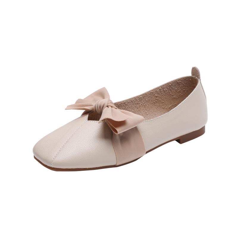 リボン パンプス レディース 革 靴 夏 ソフトソール 春秋 フラット レザー シューズ おしゃれ カジュアル 普段使い オフィス 通勤 韓国 ラウンドトゥ アプリコット カーキ 黒