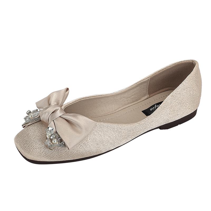 リボン パンプス フレンチ スクエアトゥ フラット シューズ レディース 浅口 小さめ ソフトソール 大きいサイズ ウェディング ママ おしゃれ カジュアル パーティー アプリコット