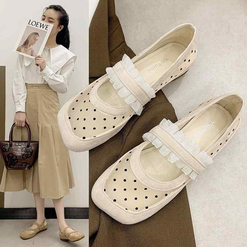 パンプス シューズ レディース 夏 靴 小さめ ソフトソール 通気性 メッシュ スクエアトゥ おしゃれ カジュアル 普段使い ドット柄 ストラップ ベージュ カーキ