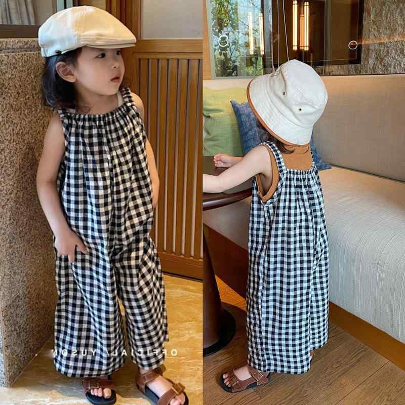 サロペット キッズ 男女 チェック柄 ワイドパンツ ノースリーブ レトロ 夏 カジュアル
