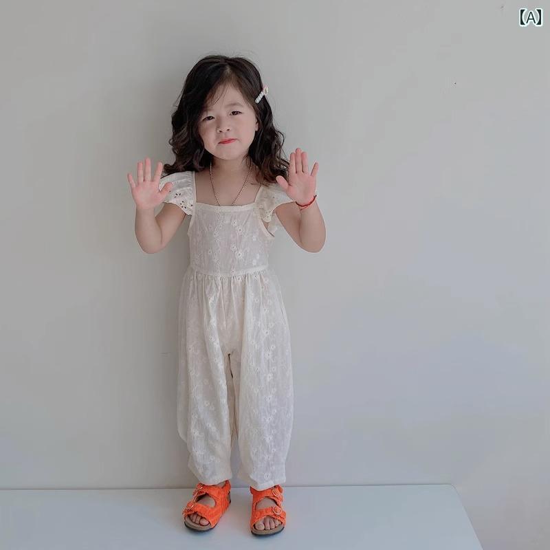 フロントップ楽天市場店のロンパース 女の子 韓国 夏 刺繍 リボン フリルスリーブ バックシャン ガールズ キッズ おしゃれ｜アングル2