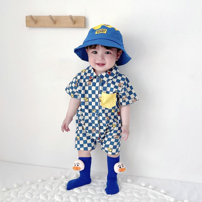 ロンパース 男の子 チェック柄 カートゥーン 半袖 韓国 夏 おしゃれ 可愛い ベビー服 洋服