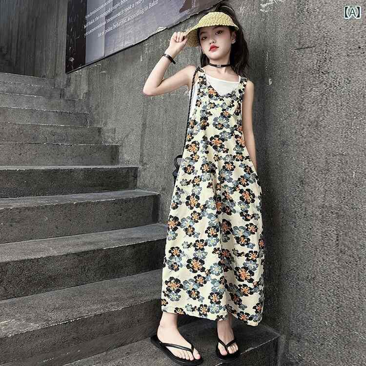 サロペット 女の子 キッズ 花柄 吊りスカートパンツ 夏 ノースリーブ ゆったり かわいい カジュアル 韓国 ジュニア