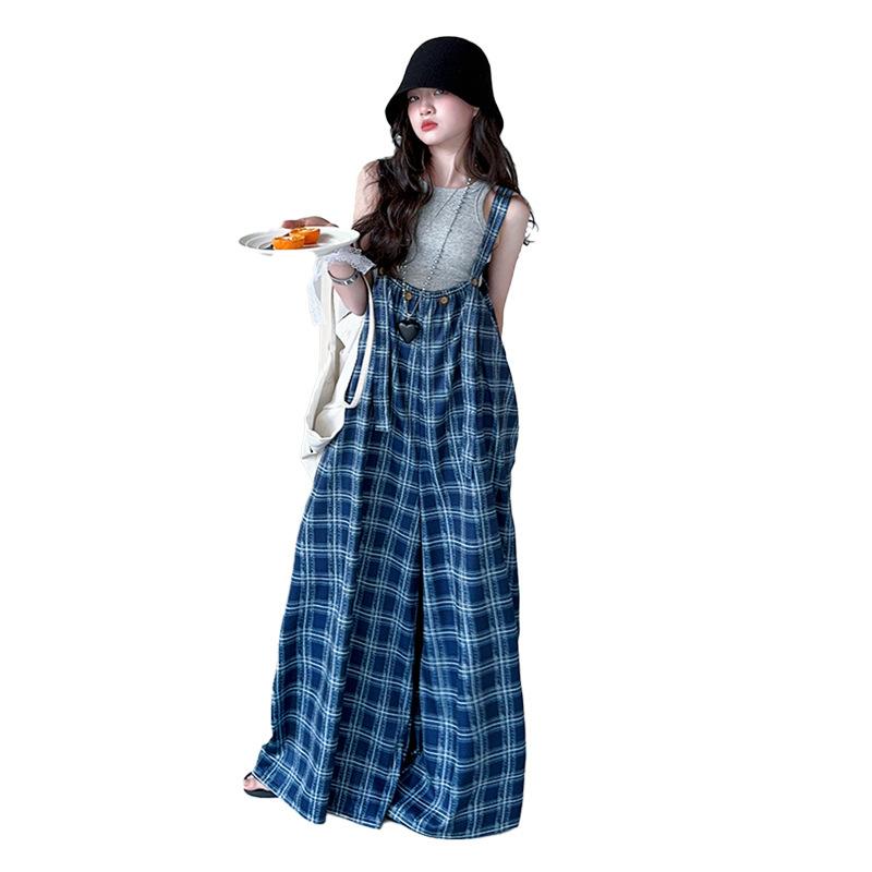 Rakuten - サロペット 女の子 キッズ 韓国 チェック柄 ゆったり 細見え おしゃれ 夏 ロング ズボン カジュアル 体型カバー 旅行