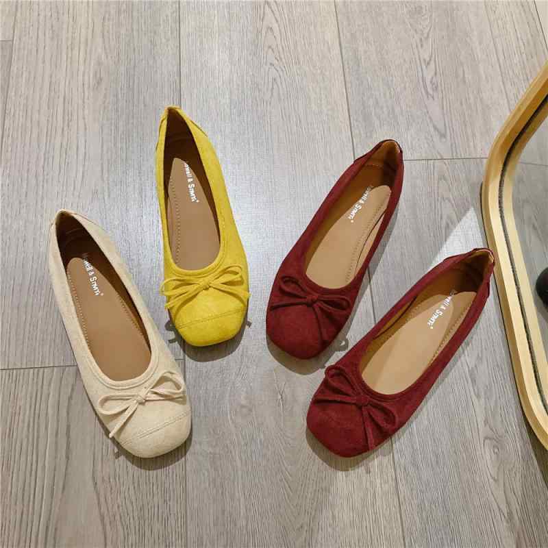 リボン パンプス スクエアトゥ 夏 韓国 ソフトソール レディース 浅口 フェアリー PU おしゃれ カジュアル 普段使い デート オフィス 赤 ベージュ 黄