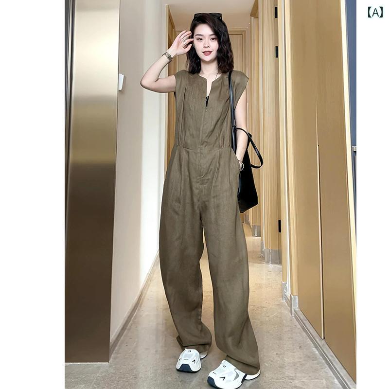 オールインワン パンツ レディース 夏 ノースリーブ ジップアップ シンプル 無地 ゆったり カジュアル 通勤 おしゃれ 韓国