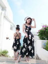 親子 ペアルック ワンピース リゾート 旅行 リンクコーデ カジュアル おしゃれ 母 娘 夏 韓国 ミドル丈 バッククロス 背中開き キャミ 花柄 柔らかい 黒