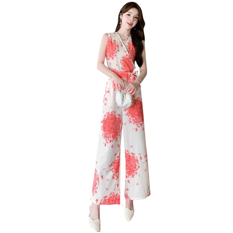 サロペット レディース おしゃれ ノースリーブ 花柄 ウエストマーク ワイドパンツ 夏 スタイルアップ