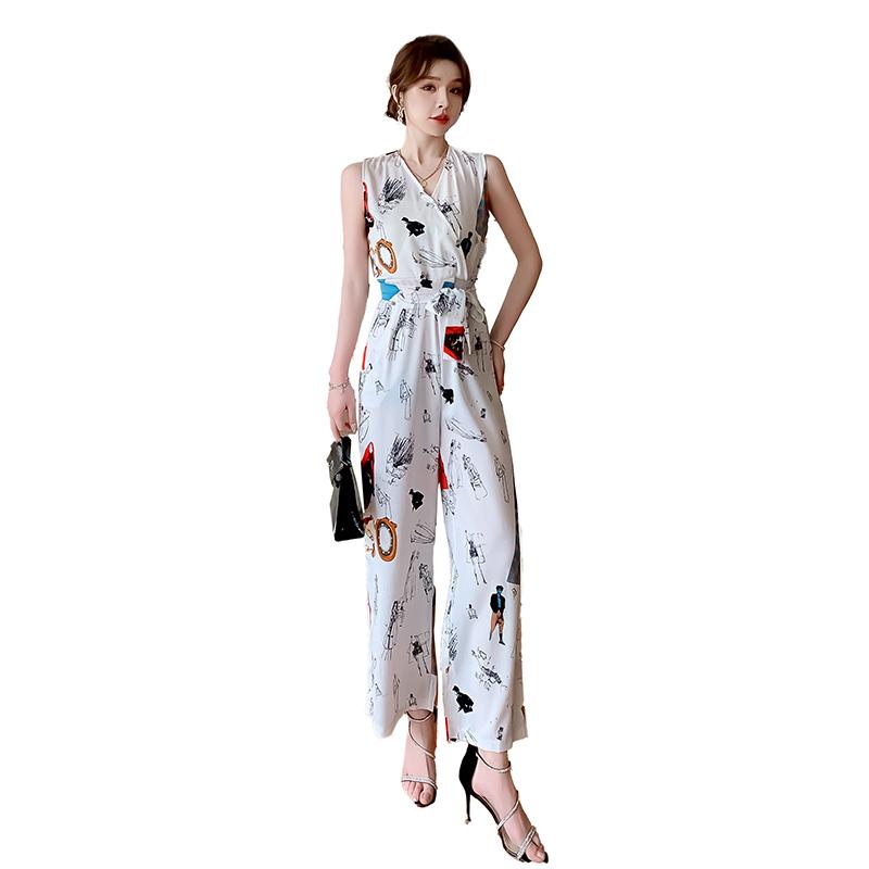 パンツドレス レディース おしゃれ 薄手 夏 Vネック ワイドパンツ オールインワン 花柄 プリント シフォン スタイルアップ