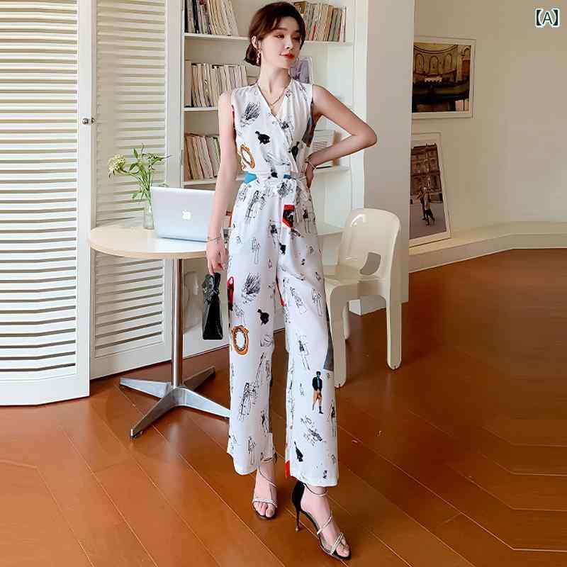 パンツドレス レディース おしゃれ 薄手 夏 Vネック ワイドパンツ オールインワン 花柄 プリント シフォン スタイルアップ