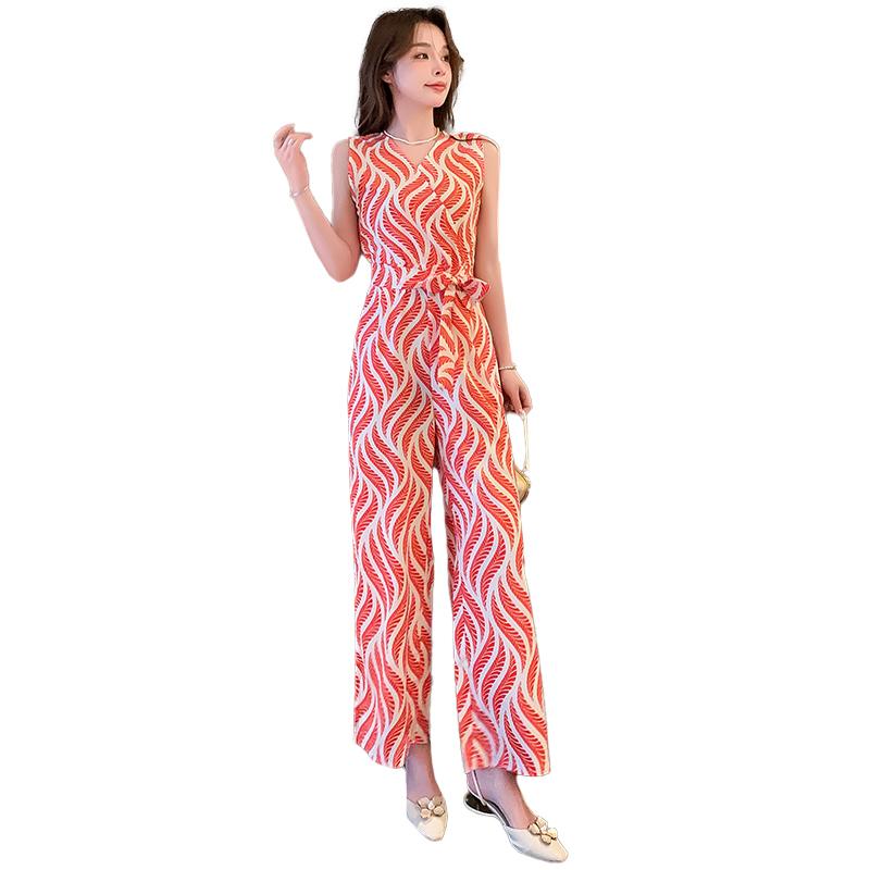 オールインワン パンツ レディース おしゃれ 夏 Vネック ノースリーブ シフォン プリント 薄手 ワイドパンツ