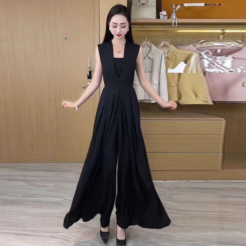 サロペット レディース 黒 ノースリーブ ロング丈 夏 ウエストマーク スタイルアップ きれいめ シンプル スタイリッシュ