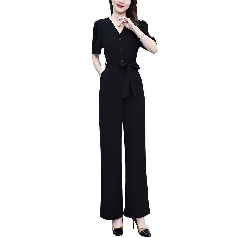 オールインワン レディース おしゃれ 黒 Vネック スタイルアップ ワイドパンツ 半袖 夏 上品